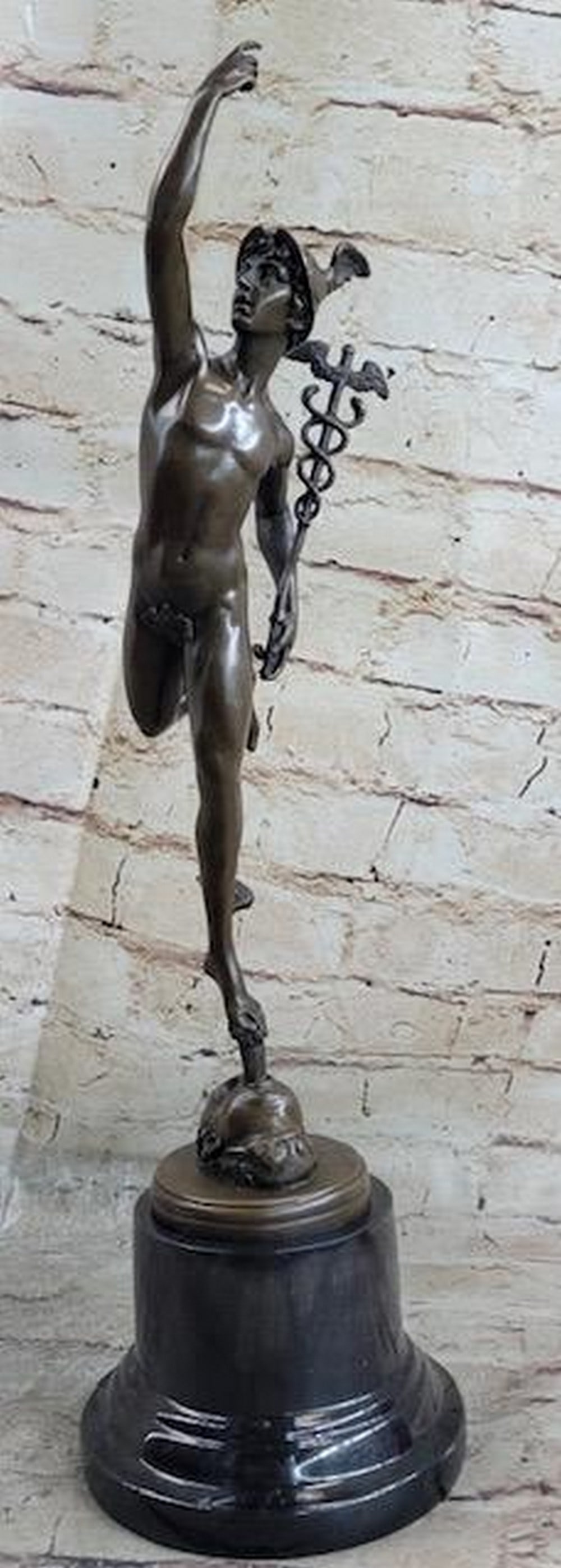 Giambalogna Nude Flying Mercury Hermes w/ Caduceus Bronze Sculpture Statue Figure Marble Base: Giambalogna Nude Flying Mercury Hermes w/ Caduceus Bronze Sculpture Statue Figure Marble Base Bronze Dimensions with Marble Base: Height 17 Inches X Width 9 Inches Marble Dimensions: Diameter 4 1/2 I