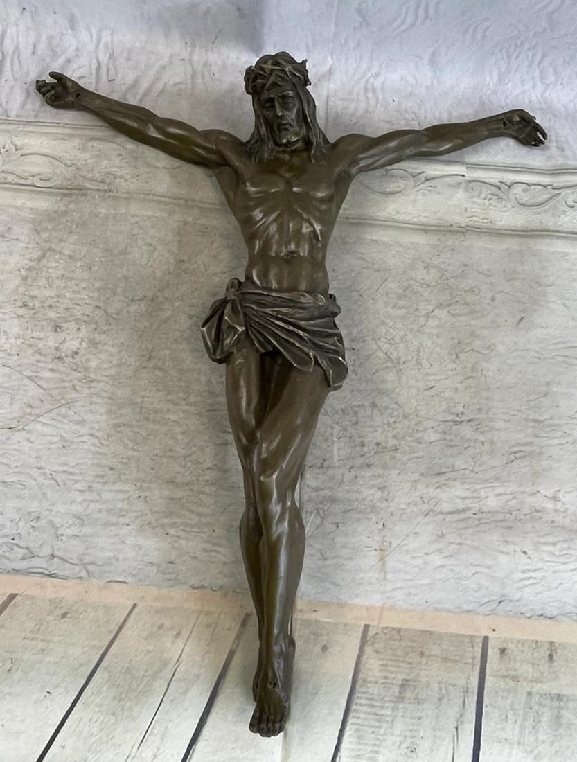Bronze Sculpture of Christ on the Cross by Valli - 18.5" x 17.5": Bronze Sculpture of Christ on the Cross by Valli - 18.5" x 17.5" Immerse yourself in the profound beauty of this bronze sculpture depicting Christ on the cross, a powerful symbol of sacrifice