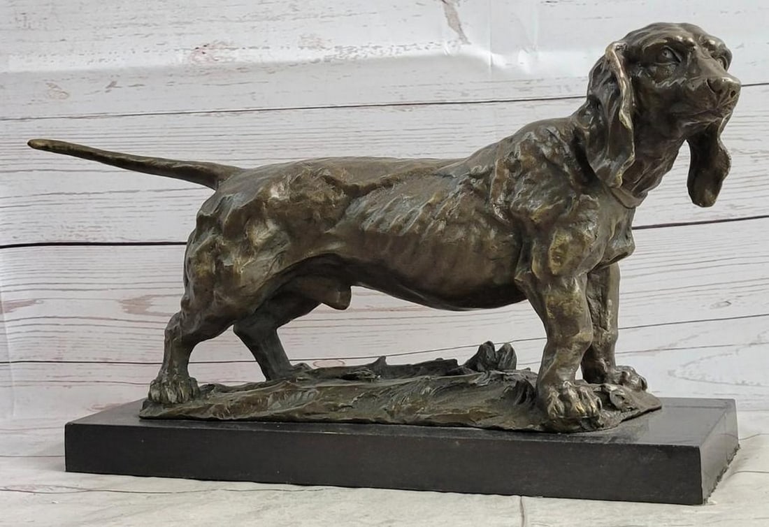 Basset Hound Dog Figure Art Deco Bronze Sculpture on Marble Base Figurine - 9.5" x 17": Basset Hound Dog Figure Art Deco Bronze Sculpture on Marble Base Figurine - 9.5" x 17" This is a wondrously detailed sculpture of a Basset hound dog. He sits upright and he waits patiently fo