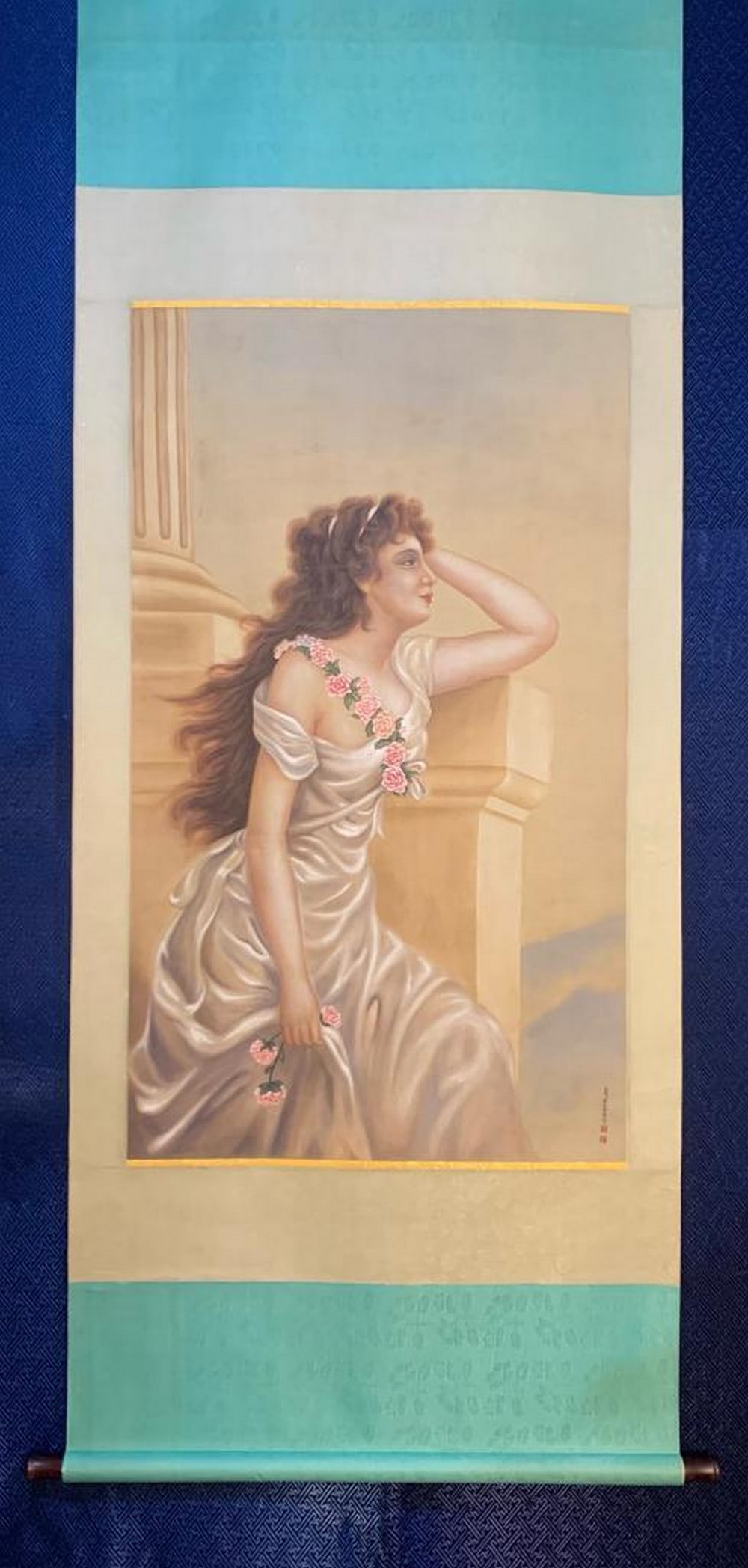 Contemplative Beauty Inspired Scroll Painting by Lang Shining: Contemplative Beauty Inspired Scroll Painting by Lang Shining This exquisite handpainted silk scroll, inspired by the elegant tradition of Lang Shining, features a serene female figure seated in a cla