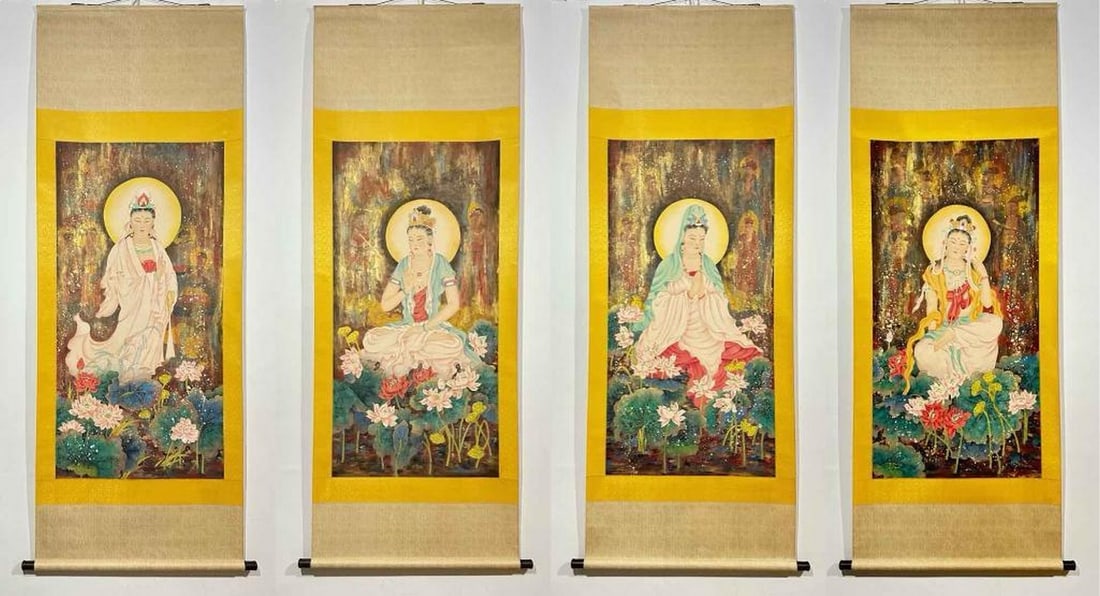 Celestial Bodhisattvas Scroll Set by Zhang Daqian: Celestial Bodhisattvas Inspired Scroll Set by Zhang Daqian This magnificent set of five handpainted paper scrolls, inspired by the spiritual artistry of Zhang Daqian, features serene bodhisattva figur