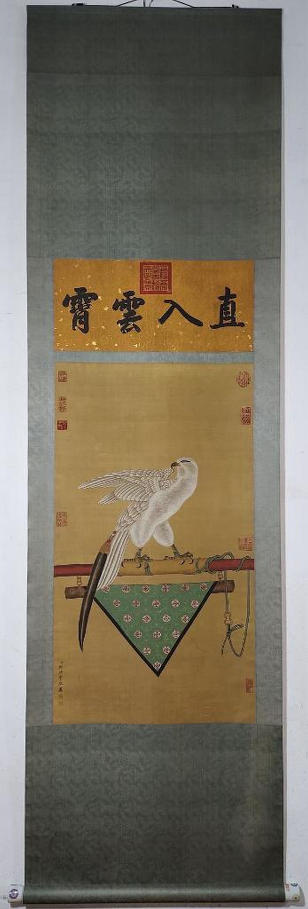 Harmony of Dove Inspired Scroll Painting by Lang Shining: Harmony of Dove Inspired Scroll Painting by Lang Shining This exquisite handpainted silk scroll, inspired by the refined court style of Lang Shining, features a white bird perched gracefully atop a ce