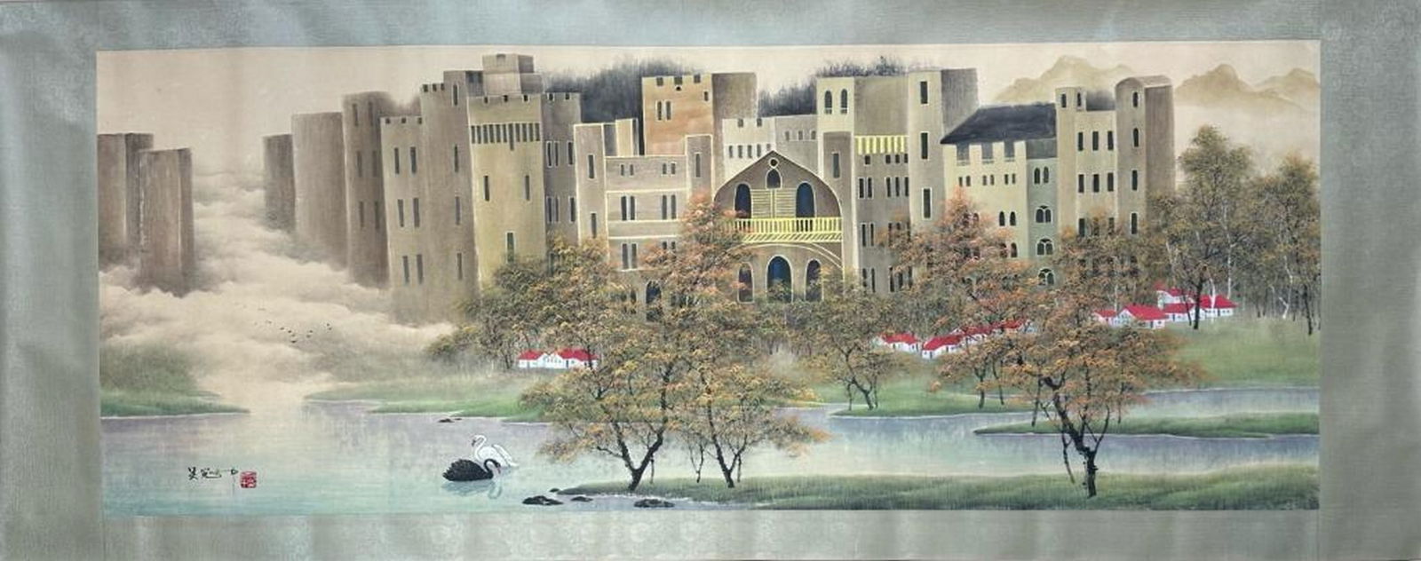Castle Reflections Inspired Painting by Wu Guanzhong: Castle Reflections Inspired Painting by Wu Guanzhong This atmospheric handpainted paper artwork, inspired by the lyrical style of Wu Guanzhong, captures a tranquil landscape where nature and architect