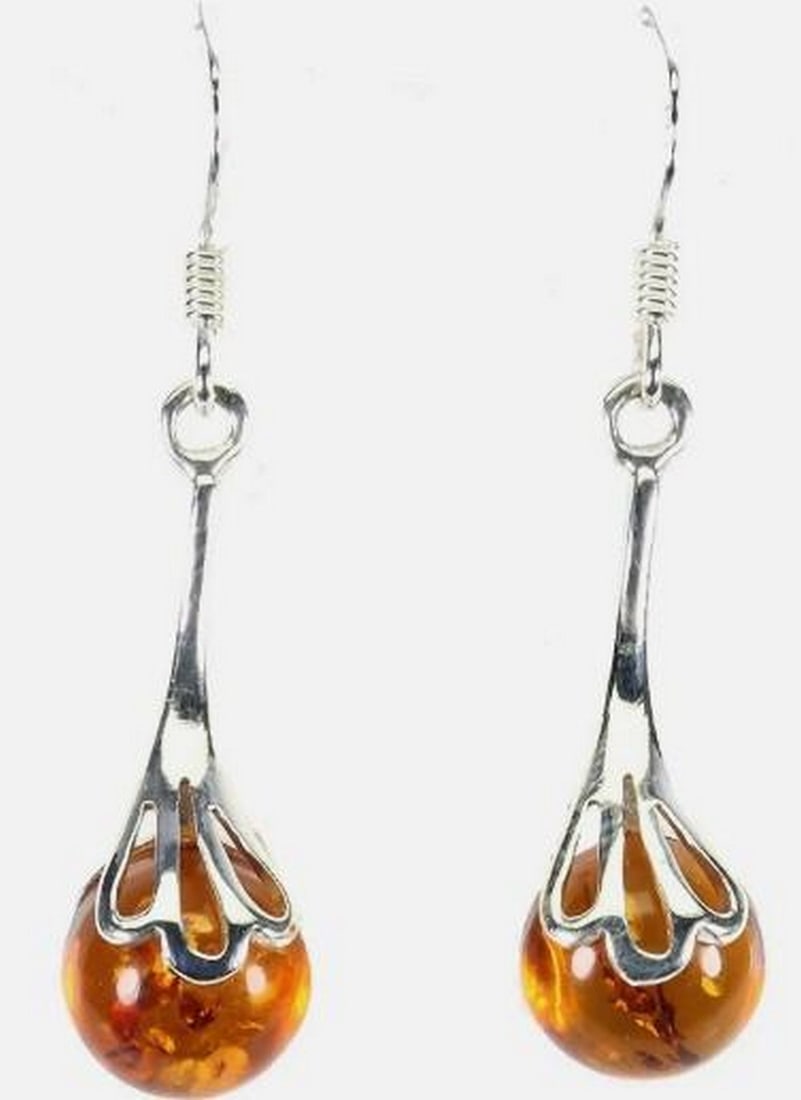 Golden Round Amber Sterling Silver Earrings (1 of 3)
