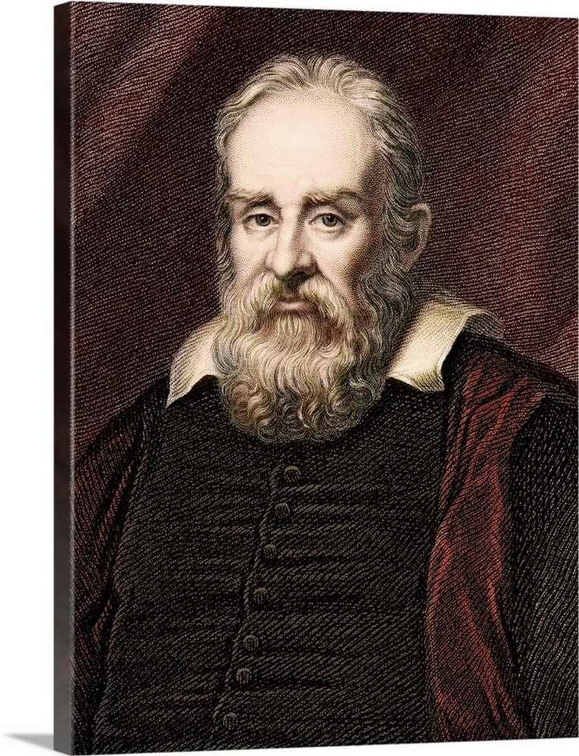 1636 Galileo Galilei Portrait Canvas – 18" × 24": 1636 Galileo Galilei Portrait Canvas – 18" × 24" This engraved portrait of Italian astronomer Galileo Galilei, created by Robert Hart in 1834 from Ramsay’s 1636 painting, celebrates one o