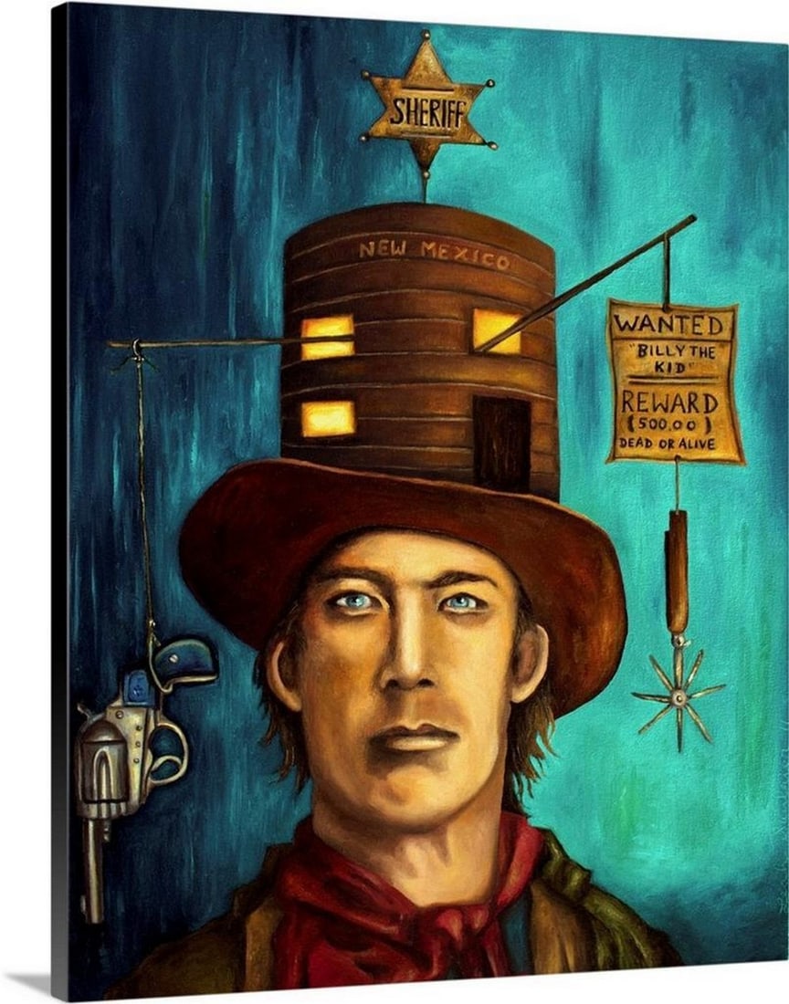 Leah Saulnier Canvas Reproduction – Billy The Kid – 20" × 24": Leah Saulnier Canvas Reproduction – Billy The Kid – 20" × 24" This canvas reproduction features Leah Saulnier’s surrealist portrait of the infamous Western outlaw Billy the Kid, combini