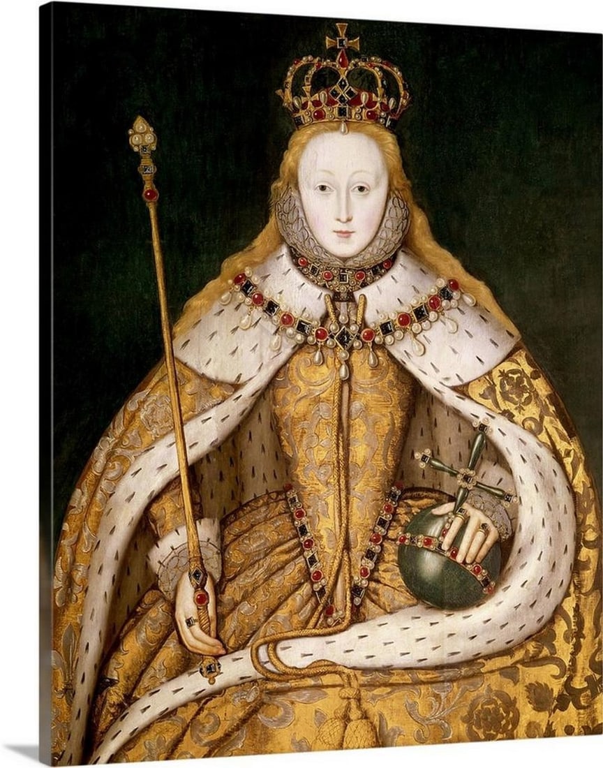 Queen Elizabeth I in Coronation Robes Canvas Reproduction – 20" × 24": Queen Elizabeth I in Coronation Robes Canvas Reproduction – 20" × 24" This canvas reproduction features a 16th-century English School painting of Queen Elizabeth I in her coronation robes,