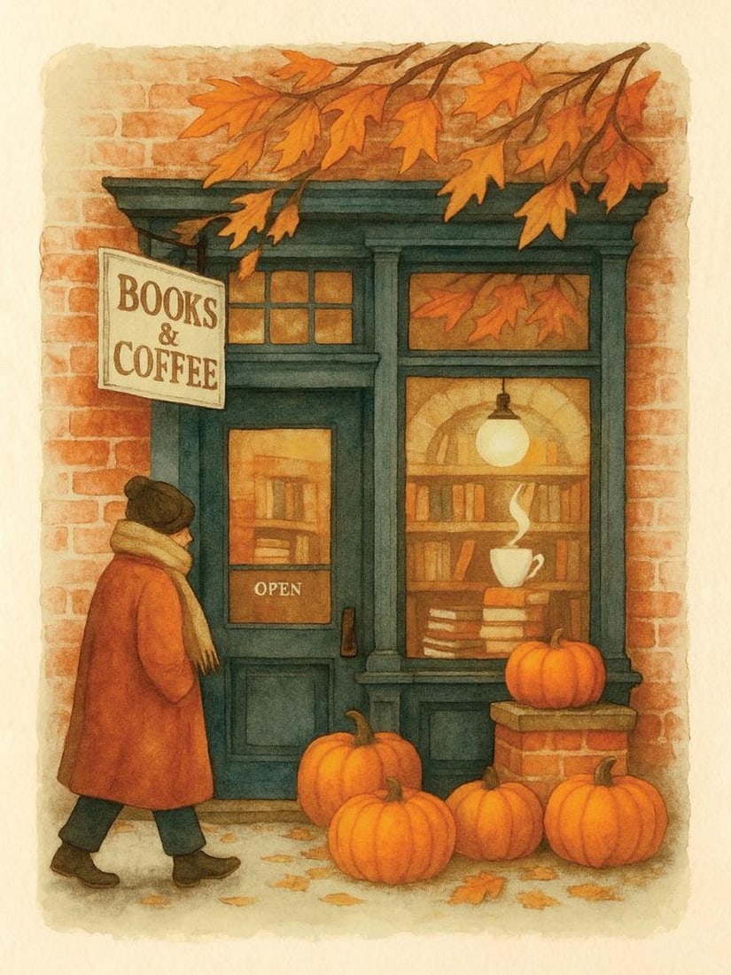 Autumn Bookshop Print Poster: Autumn Bookshop Print Poster A print showing a person walking into a blue shop with a sign that reads "Books & Coffee." The scene is filled with warm autumn colors, pumpkins, orange leave