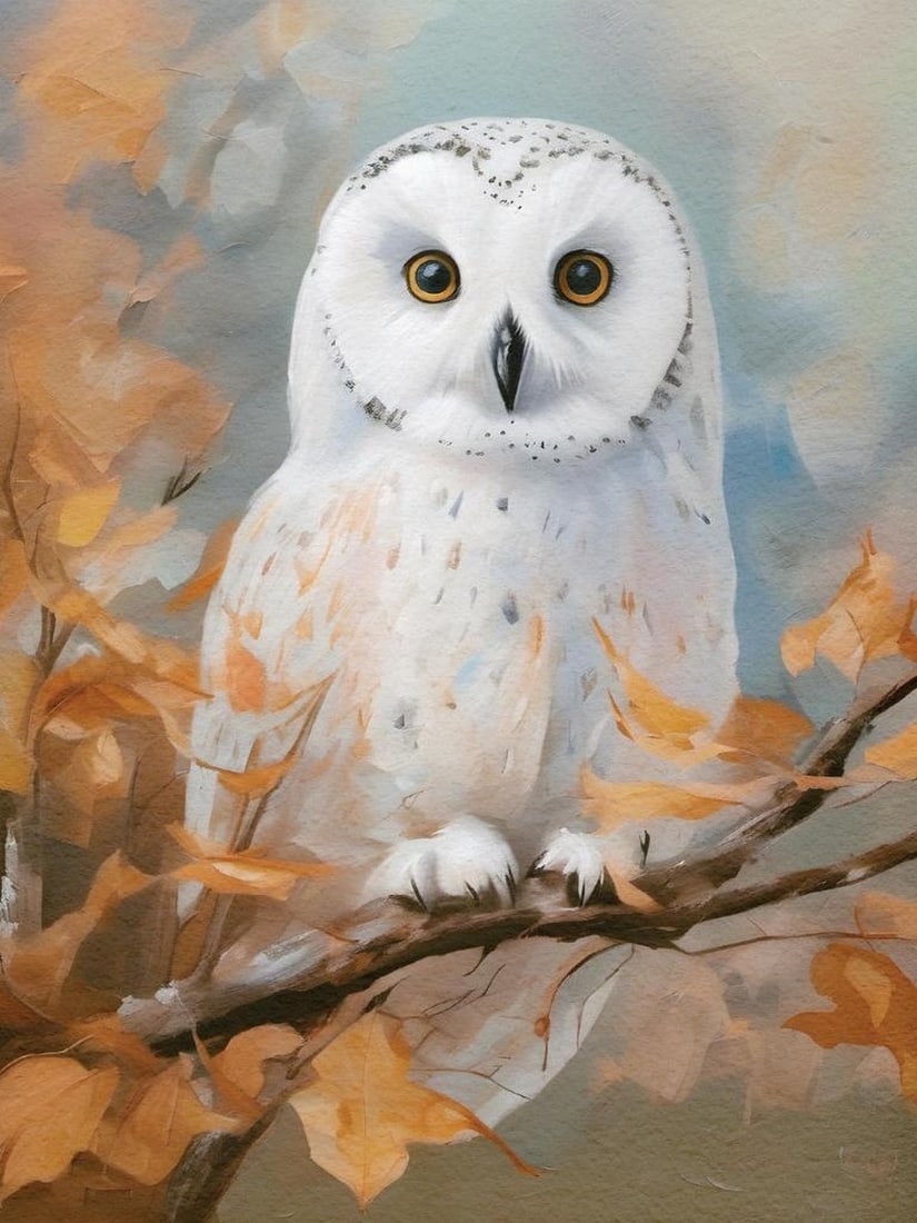 Autumn Owl Print Poster: Autumn Owl Print Poster A whimsical owl poster illustrated in soft watercolor tones. The owl, with large expressive eyes, sits on a branch surrounded by orange and brown autumn leaves, bringing a coz
