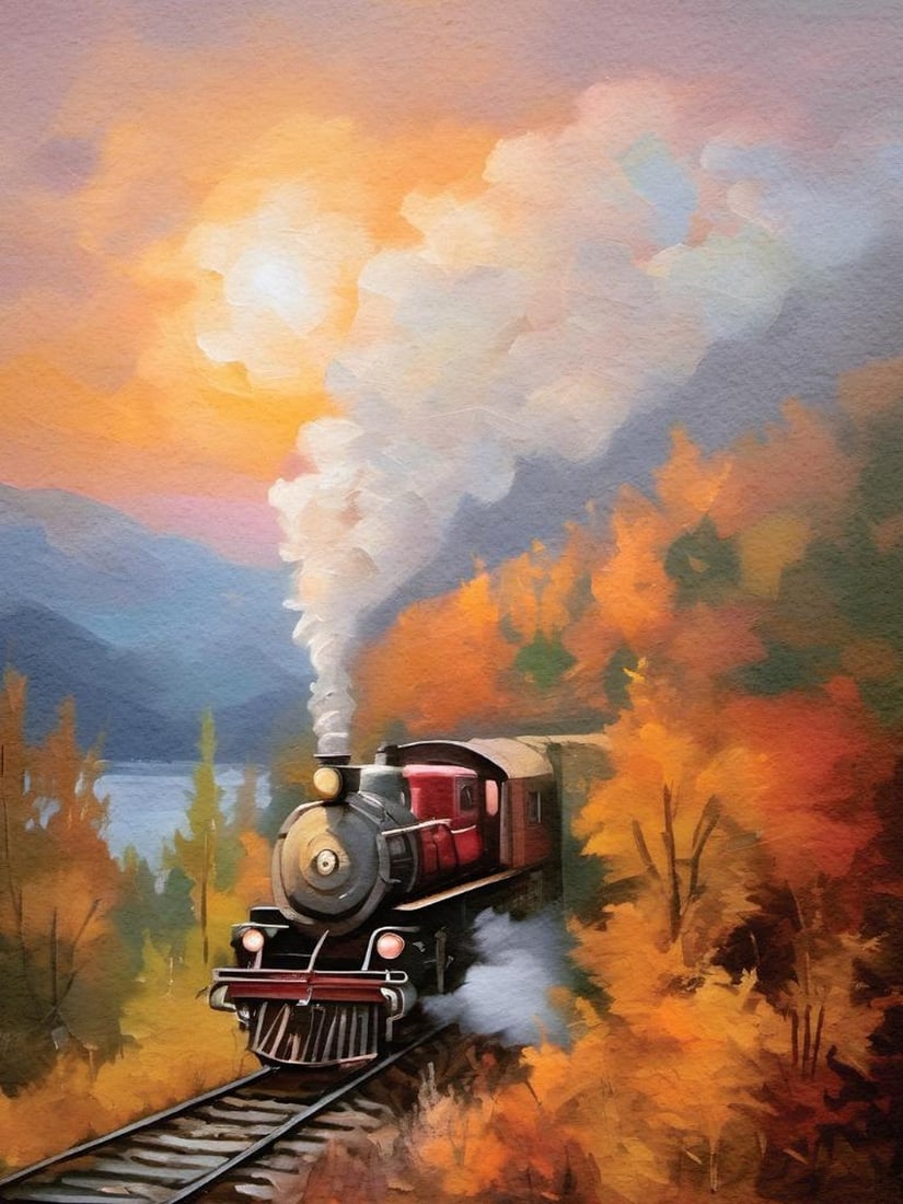 Autumn Train Ride Print Poster: Autumn Train Ride Print Poster A poster depicting a red and black steam train traveling through an autumn forest under a warm sunset sky of orange and pink tones. White smoke drifts upward as the tra