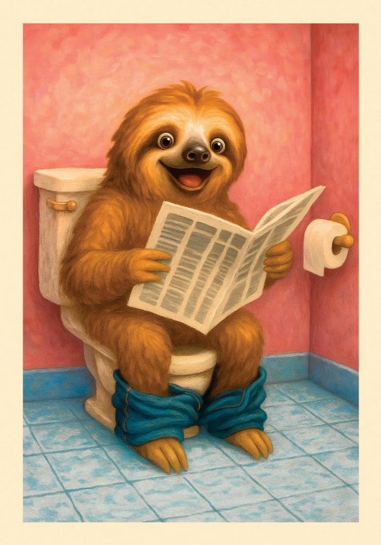 Sloth Bathroom Print Poster: Sloth Bathroom Print Poster A colorful and humorous poster featuring a happy sloth sitting on a toilet while reading a newspaper. The playful blue and pink tones make this print a fun addition to any