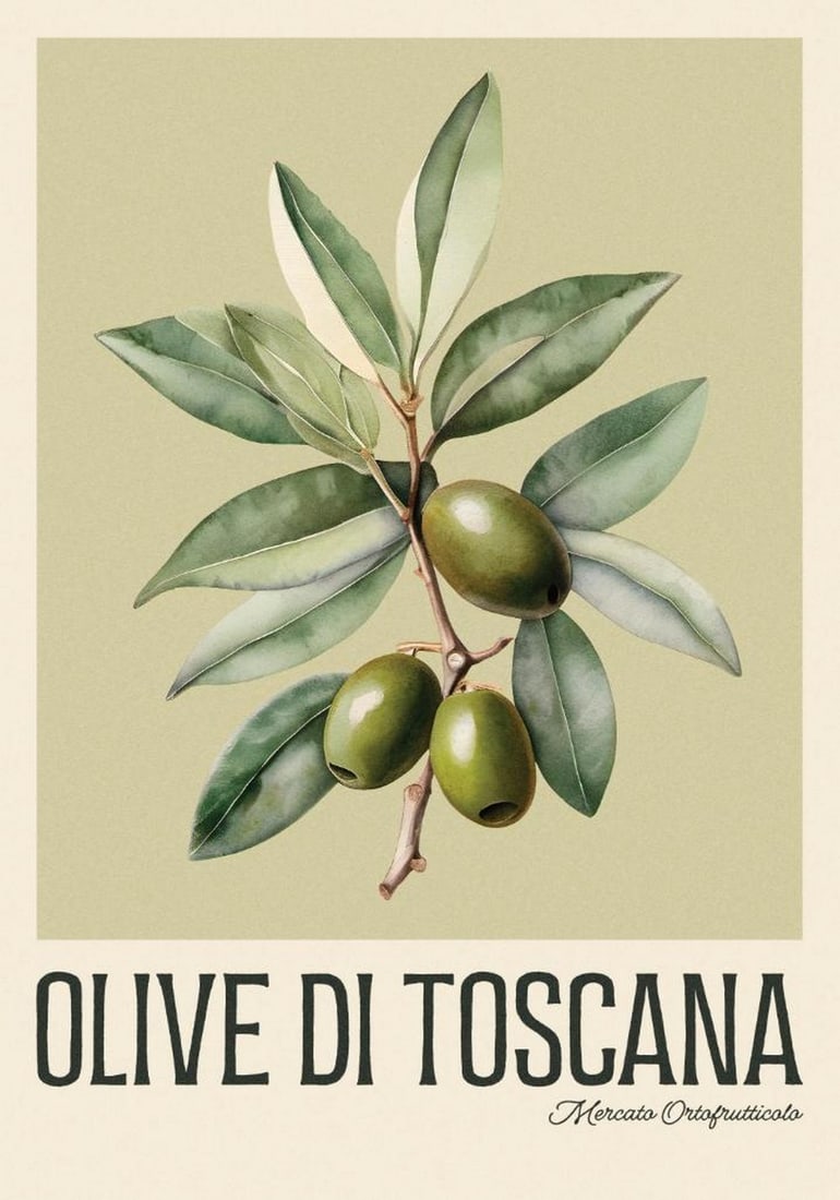 Tuscan Olives Print Poster: Tuscan Olives Print Poster A stylish poster featuring green olives on a branch with leaves, accompanied by the text "OLIVE DI TOSCANA" on a light green background. A fresh and elegant design