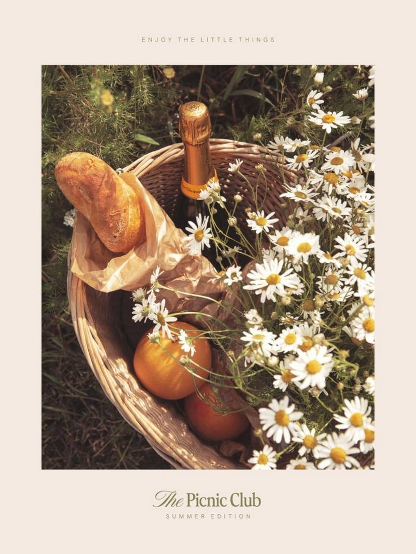 Summer Picnic Print Poster: Summer Picnic Print Poster A cheerful poster depicting a picnic scene with a basket, baguette, and fresh fruit on grass. This vibrant design brings a warm and summery touch to any wall. Frame NOT inc