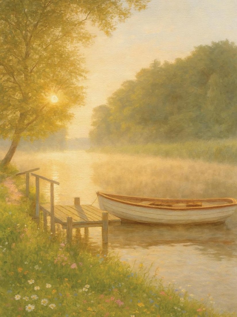 Tranquil Summer Print Poster: Tranquil Summer Print Poster A peaceful poster depicting a white boat moored by a river dock, surrounded by trees under a warm summer sky. The serene scene adds a calming and scenic touch to any spac