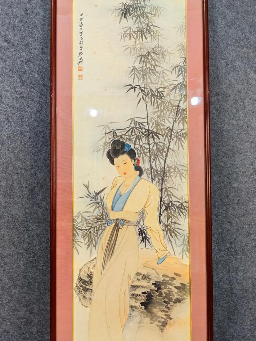 Old Collection Zhang Daqian Gongbi Lady Paper Painting in Original Frame with Glass: Old Collection Zhang Daqian Gongbi Lady Paper Painting in Original Frame with Glass An exquisite paper painting from an old collection, attributed to the renowned Chinese artist Zhang Daqian. Executed