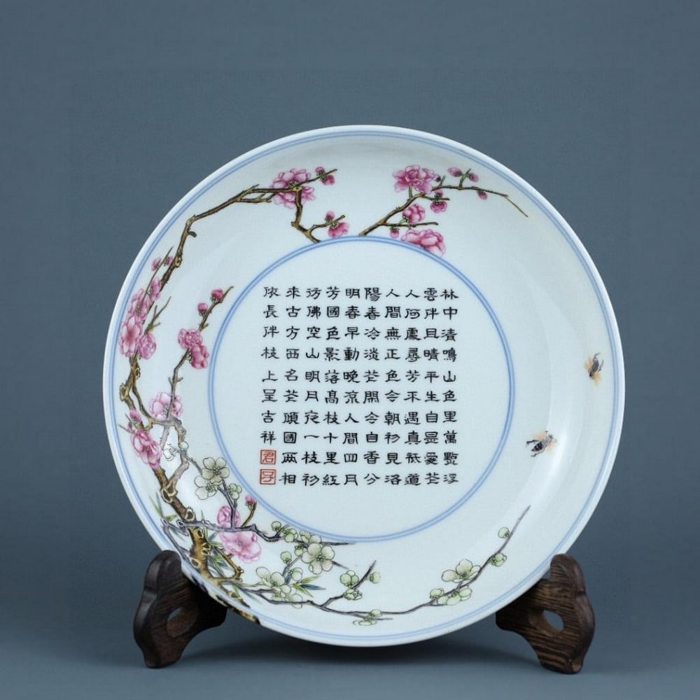Qing Dynasty Qianlong Famille Rose Plum Blossom Poetry Plate: Qing Dynasty Qianlong Famille Rose Plum Blossom Poetry Plate An exquisite porcelain plate from the Qianlong period of the Qing Dynasty, finely decorated in the vibrant famille rose palette. The surfac