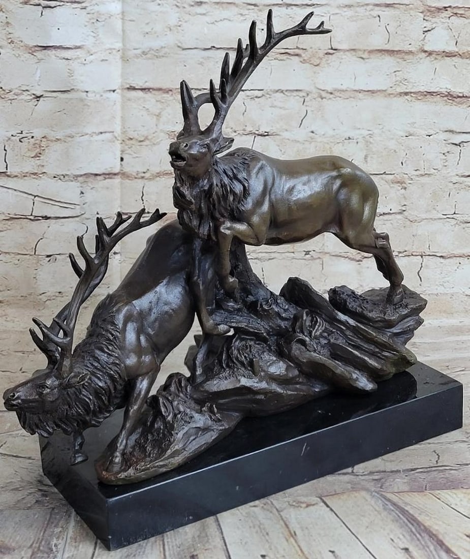 Barye’s Reproduction Bronze Sculpture of Two Running Deer with Marble Base – 12" x 15" (1 of 6)