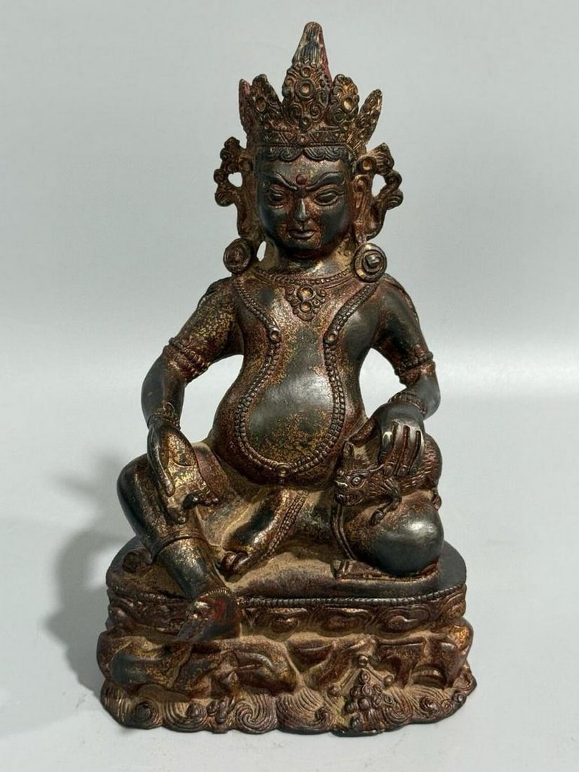 Antique Chinese Handcrafted Pure Copper Yellow Wealth God Buddha Statue (1 of 6)