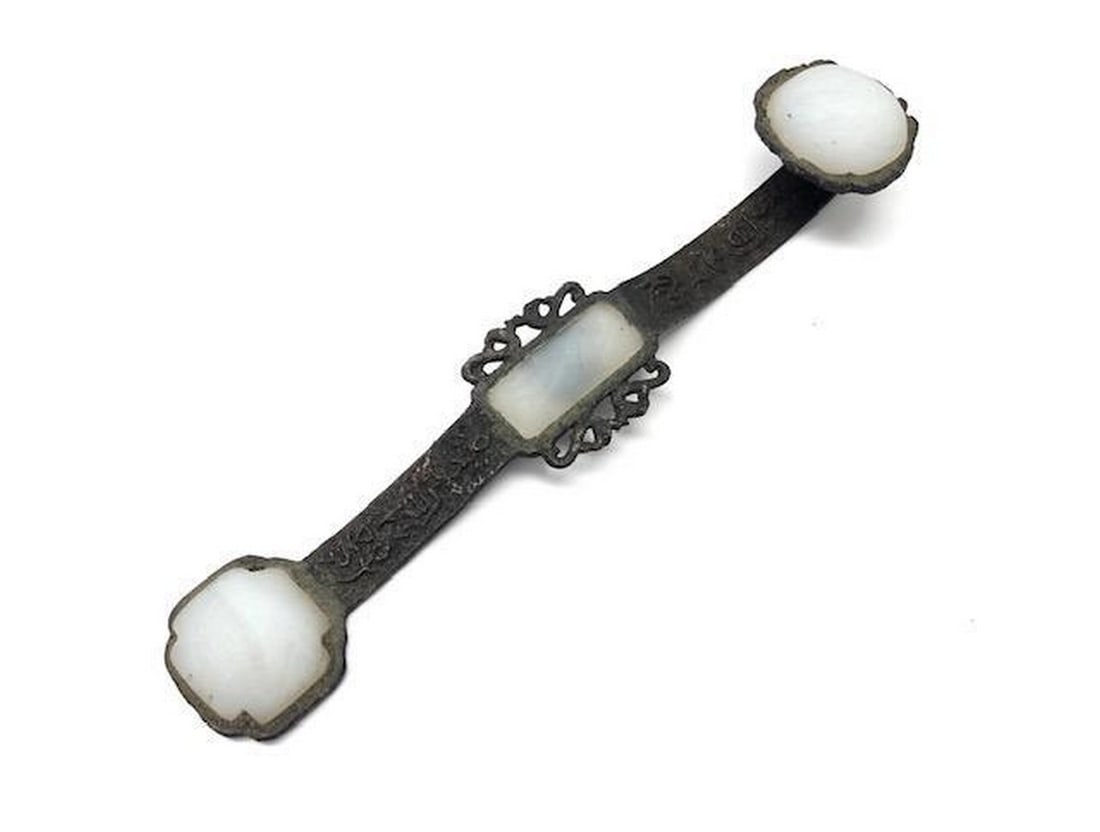 Ancient Chinese Ruyi Scepter In Bronze And White Jade: Ancient Chinese Ruyi Scepter In Bronze And White Jade. Ruyi is a curved decorative object that serves as either a ceremonial sceptor in Chinese Buddhism or talisman symbolizing power and good fortune