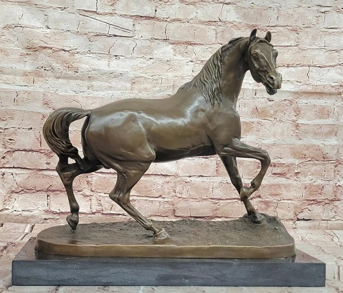 Barye Reproduction Bronze Sculpture of Prancing Stallion – 13" x 15": Barye Reproduction Bronze Sculpture of Prancing Stallion – 13" x 15" This bronze sculpture depicts a prancing stallion, rendered with emphasis on movement, musculature, and anatomical form.