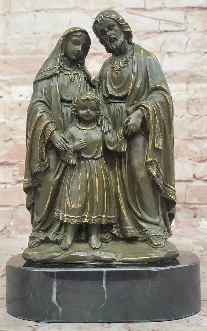 Holy Family Bronze Sculpture by Valli – Jesus, Mary & Joseph on Marble Base – 9.5" x 6": Holy Family Bronze Sculpture by Valli – Jesus, Mary & Joseph on Marble Base – 9.5" x 6" This original bronze sculpture by Valli portrays the Holy Family—Jesus, Mary, and Joseph—in