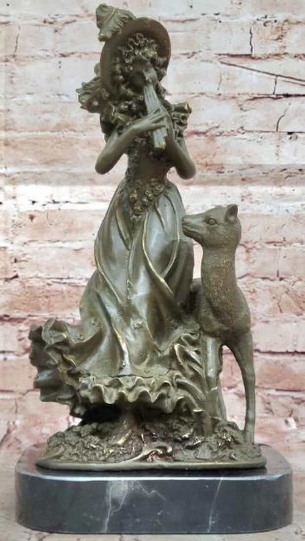 Harmony in Nature: Bronze Girl with Flute and Deer: Harmony in Nature: Bronze Girl with Flute and Deer Graceful and serene, this enchanting bronze sculpture depicts a young girl playing the flute beside a gentle deer, evoking a moment of pure harmony
