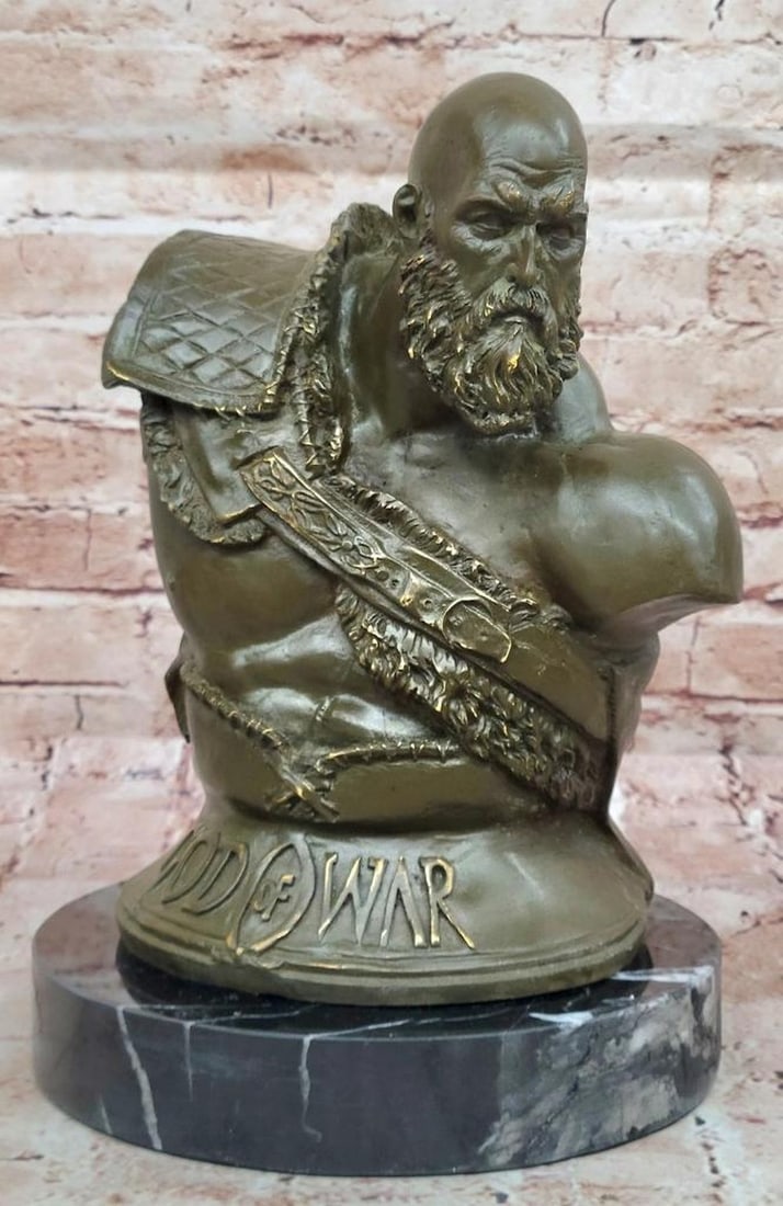 Bronze Kratos God of War Bust Original Signed Art – 12" x 8": Bronze Kratos God of War Bust Original Signed Art – 12" x 8" Channel the fierce spirit of the legendary God of War with this striking bronze bust of Kratos, expertly crafted by artist Alexan