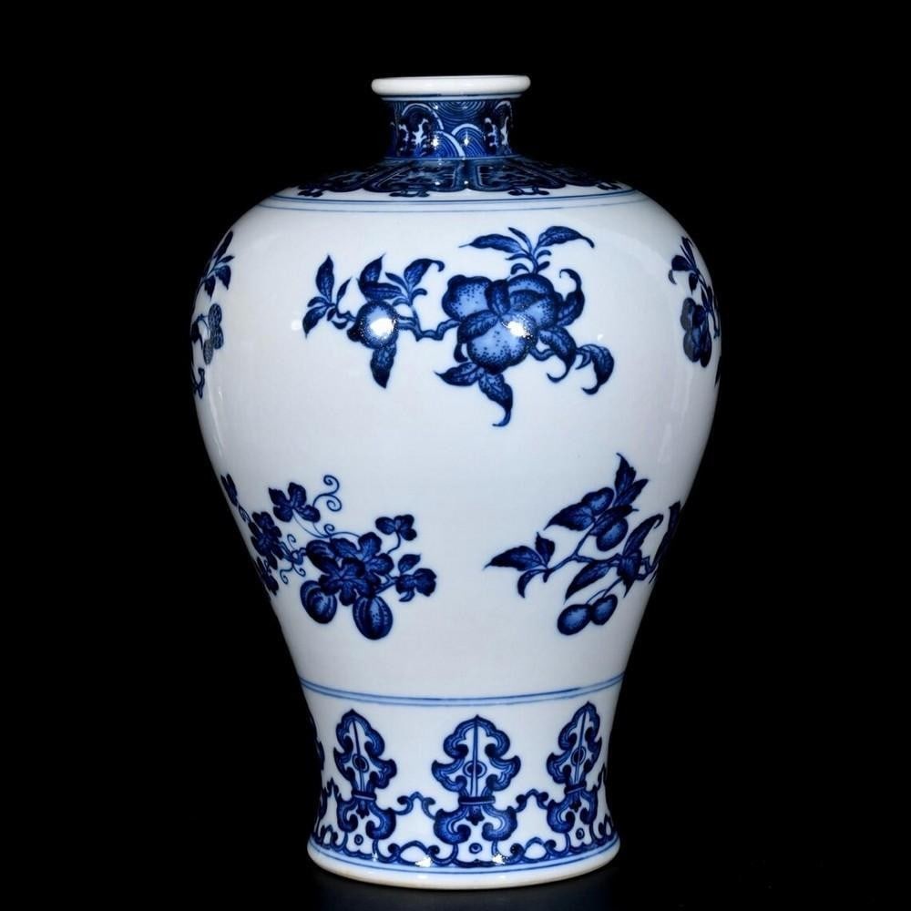 Chinese Antique Hand-Painted Blue and White Three-Color Plum Vase: Chinese Antique Hand-Painted Blue and White Three-Color Plum Vase This rare Chinese antique plum vase features a masterful combination of blue and white underglaze with vibrant overglaze enamel in a