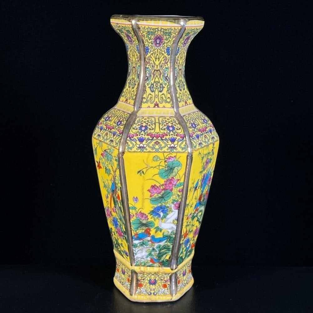 Rare Chinese Antique Hand-Painted Enamel Six-Sided Flower and Bird Vase: Rare Chinese Antique Hand-Painted Enamel Six-Sided Flower and Bird Vase This exquisite Chinese antique six-sided vase is a rare masterpiece, meticulously hand-painted with vibrant enamel depictions o