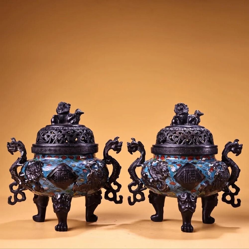 Pair of Exquisite Handmade Chinese Pure Copper Cloisonné Enamel Incense Burners (1 of 6)
