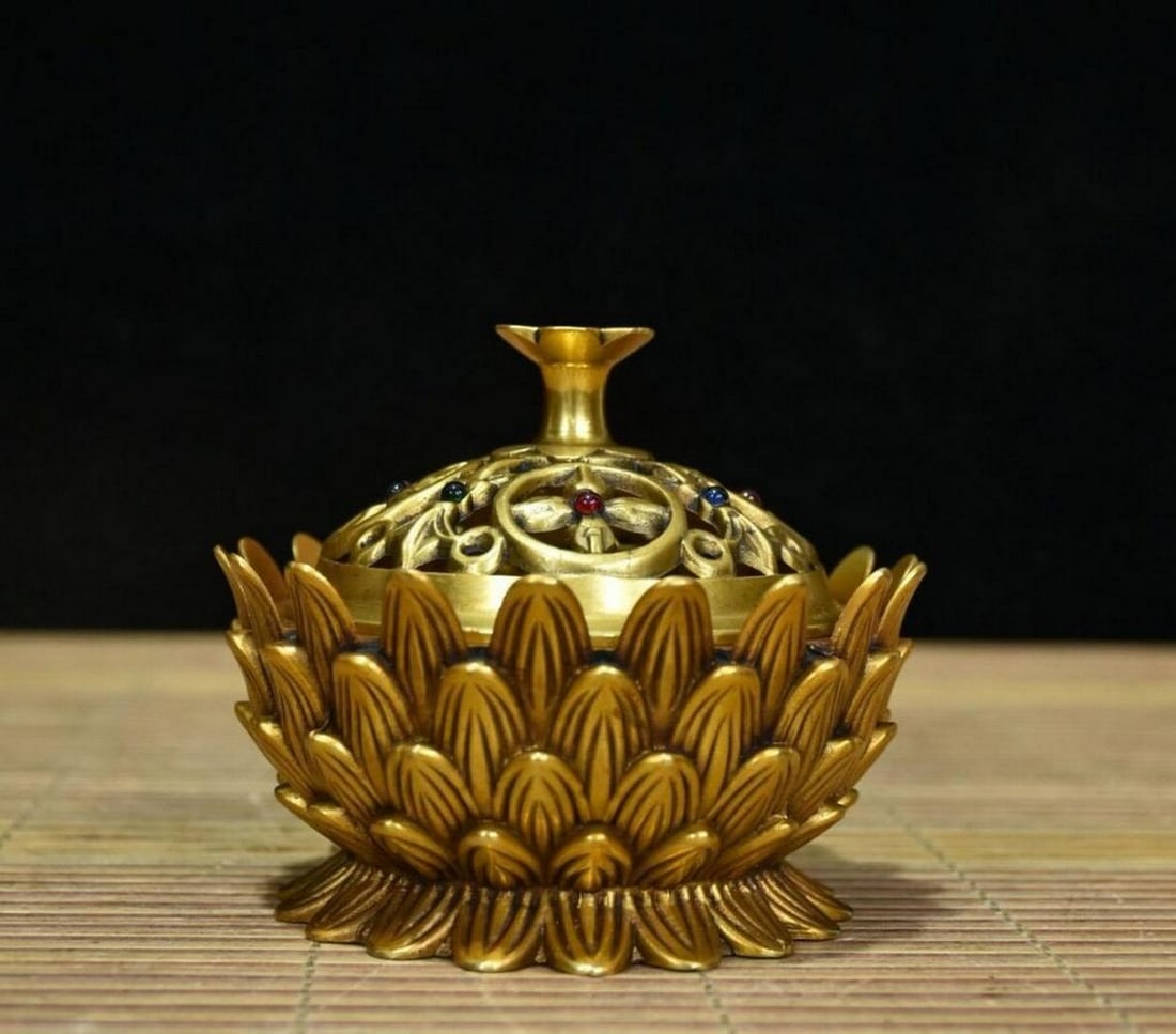 Rare Chinese Antique Pure Copper Lotus Incense Burner – Handmade with Inlaid Gemstones (1 of 3)