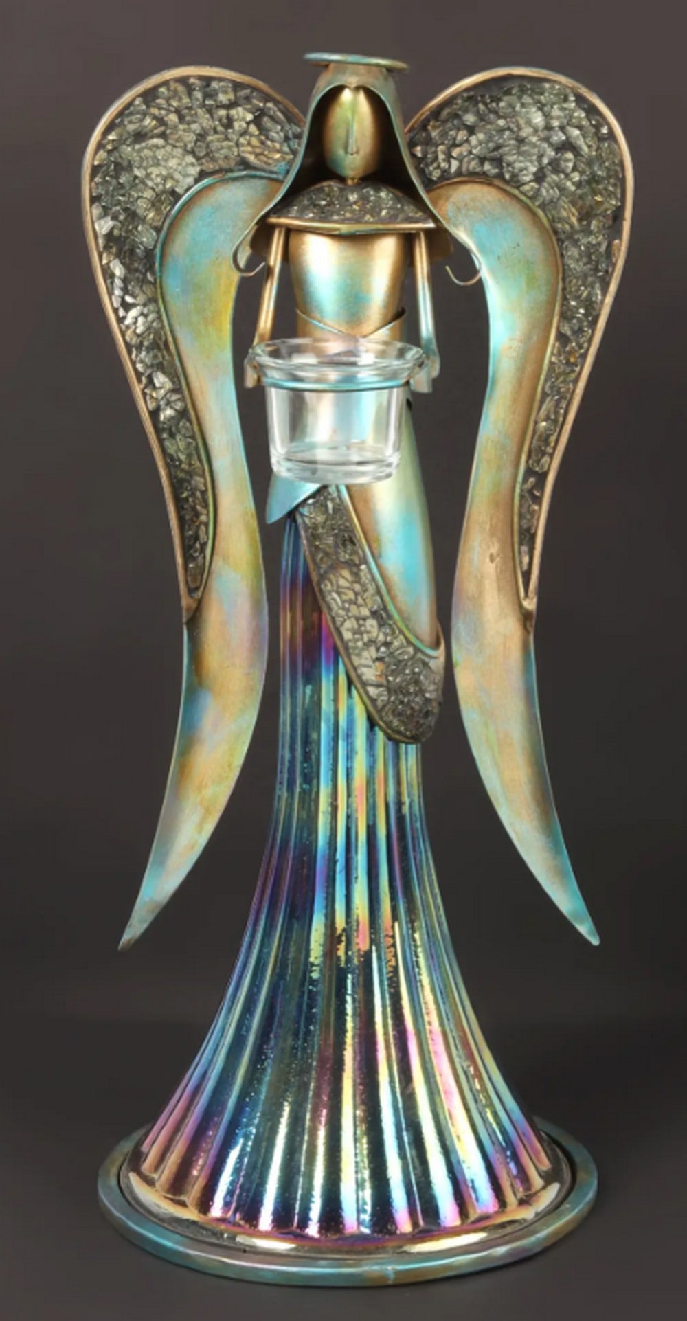 18" Iron Angel with Candle Holder – Home Decor: 18" Iron Angel with Candle Holder – Home Decor Candle holder in the shape of an angel, made entirely from iron. The design features textured wings, a flowing robe, and a flared base. A clear gl