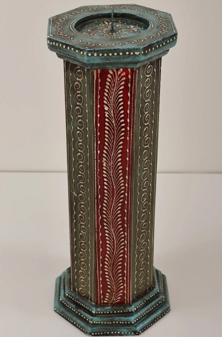 15" Decorative Colorful Candle Stand: 15" Decorative Colorful Candle Stand Handmade candle stand crafted from mango wood, featuring an octagonal shape with vibrant Jodhpur-style painting in shades of green and yellow. Designed to hol