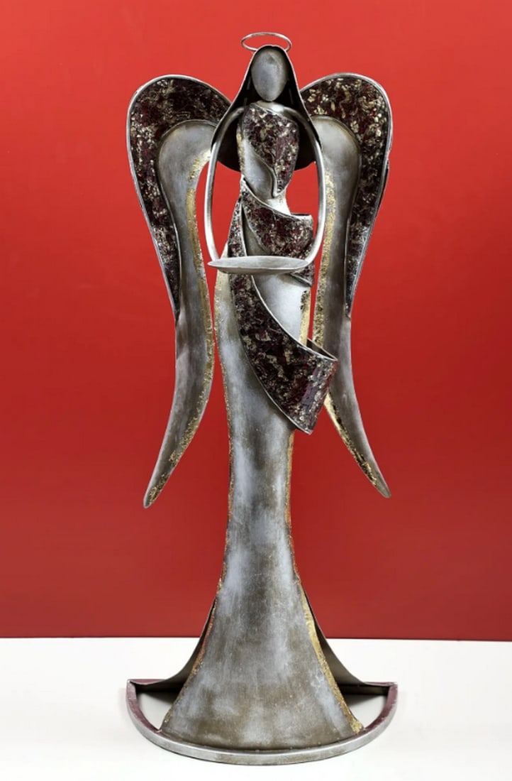 33" Christmas Angel Tea Light Candle Holder: 33" Christmas Angel Tea Light Candle Holder Tea light candle holder made from iron in the shape of an angel. The wings feature broken glass detailing. Designed for wall display. Suitable for dec