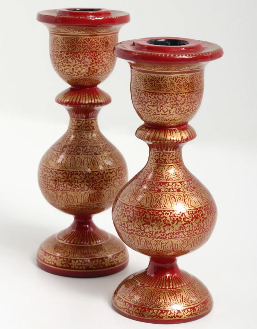 Pair of Hand-Painted Papier Mache Candle Holders from Kashmir – 5": Pair of Hand-Painted Papier Mache Candle Holders from Kashmir – 5" A pair of 5.8-inch papier mache candle holders hand-painted in vibrant red with intricate gold-colored decorations. Crafted in