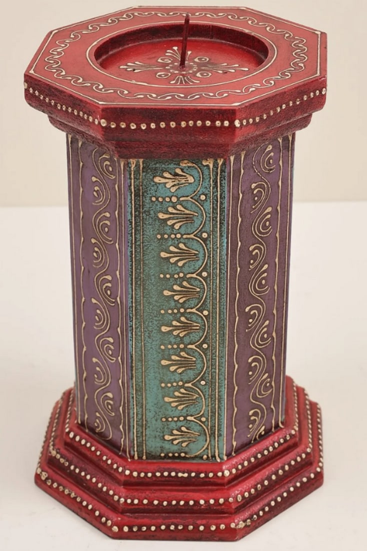 9" Decorative Colorful Candle Stand: 9" Decorative Colorful Candle Stand Handmade candle stand crafted from mango wood, featuring an octagonal shape and vibrant Jodhpur-style painting. Designed to hold a single candle, it can be dis