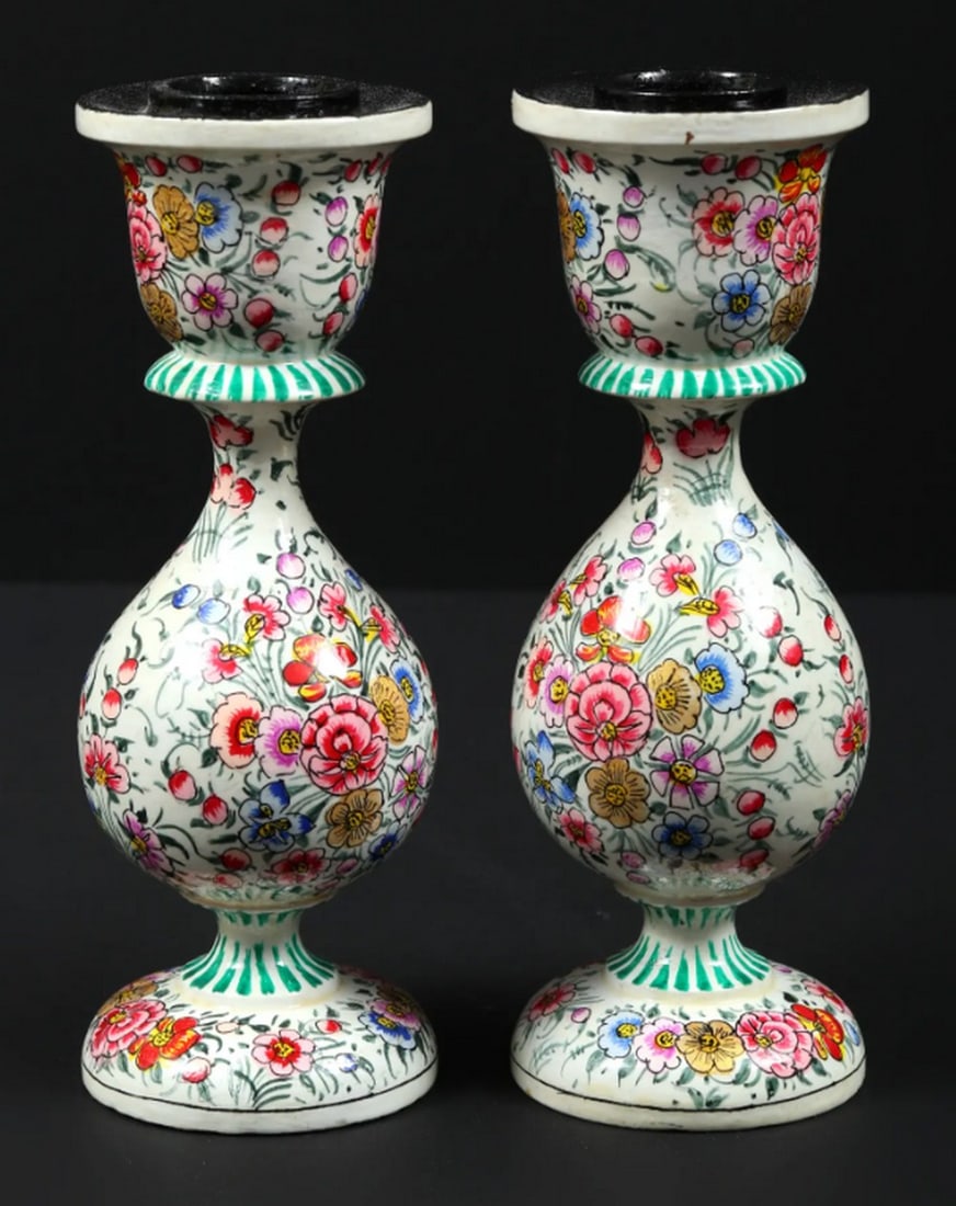 Pair of Hand-Painted Papier Mache Candle Holders from Kashmir – 6" (1 of 8)