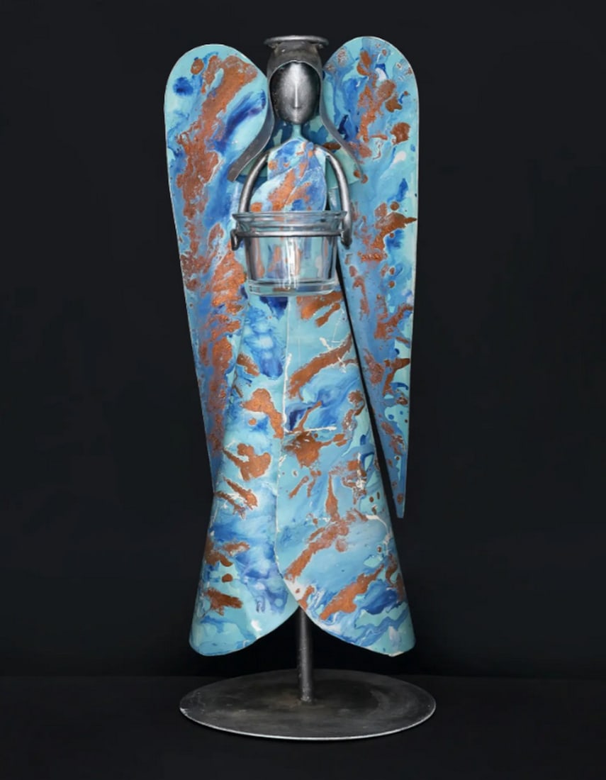 16" Hand-Painted Angel Candle Holder: 16" Hand-Painted Angel Candle Holder Handcrafted from iron and glass, this candle holder features the form of an angel with hand-painted detailing in teal and copper tones. The design includes flo