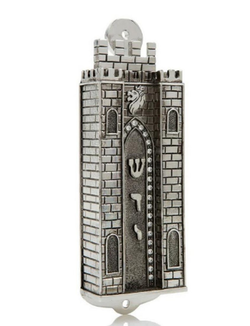 Silver Holy Ark-Style Mezuzah: Silver Holy Ark-Style Mezuzah Bring a touch of modern sophistication and sacred tradition to your home with the Silver Holy Ark-Style Mezuzah. Expertly crafted from pewter and plated in 925 silver, th