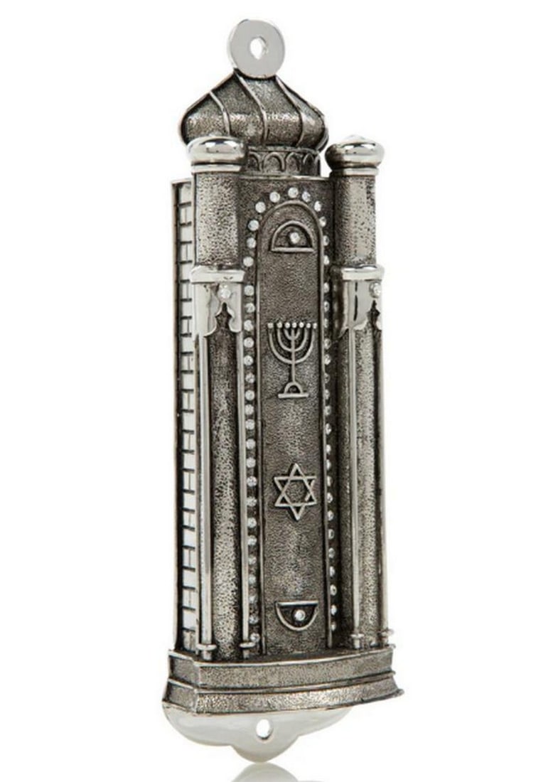 Silver Modern Holy Ark Mezuzah: Silver Modern Holy Ark Mezuzah Bring modern elegance and spiritual meaning to your doorway with the Silver Modern Holy Ark Mezuzah. Crafted from pewter and plated with 925 silver, this mezuzah combin
