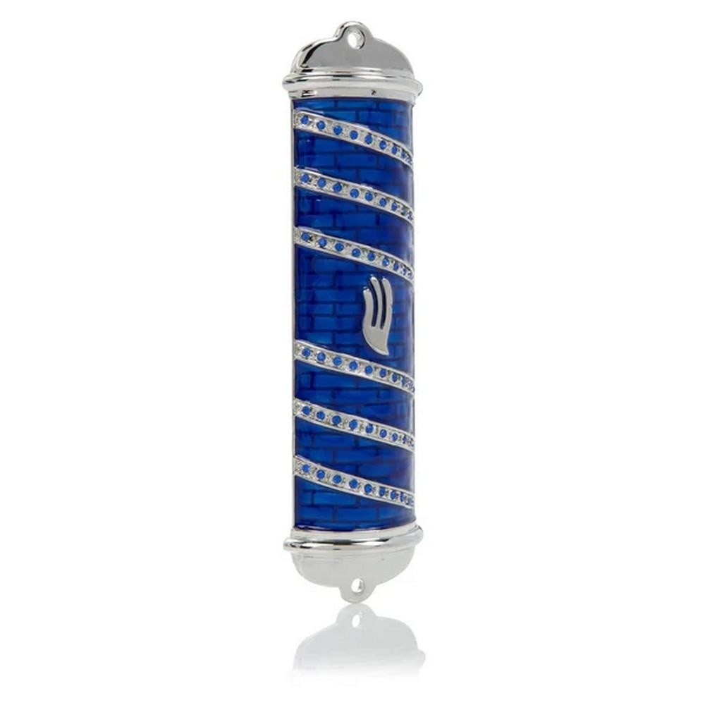 Blue Modern Mezuzah: Blue Modern Mezuzah Add a touch of modern sophistication to your home with the Blue Modern Mezuzah. Expertly crafted from pewter and plated with 925 silver, this mezuzah features clean lines, a sleek
