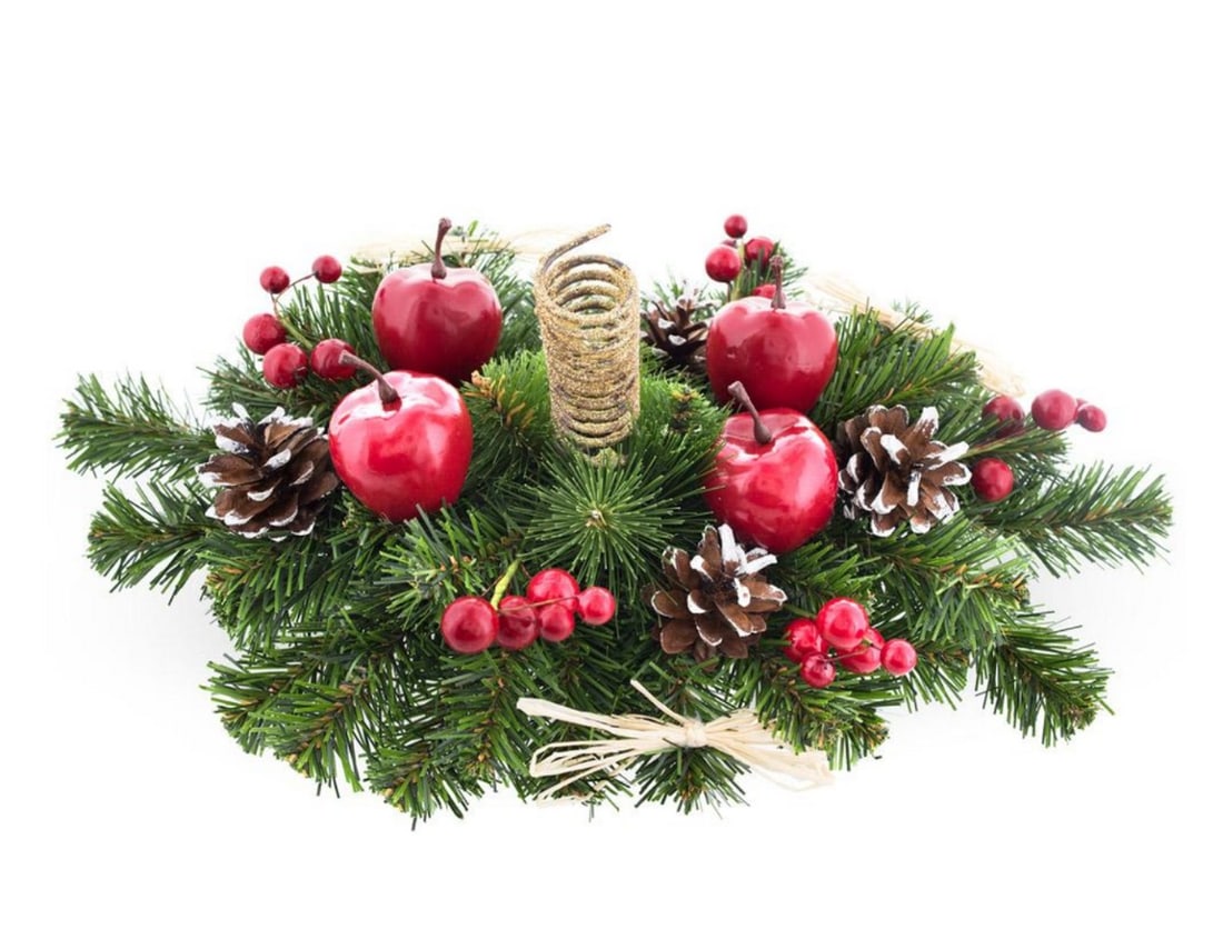 Festive Centerpiece With Candle Holder: Festive Centerpiece With Candle Holder Gleaming red berries, apples, snow-tipped pine cones, and evergreen branches surround a gold glitter candle base creating an elegant and functional candle holde