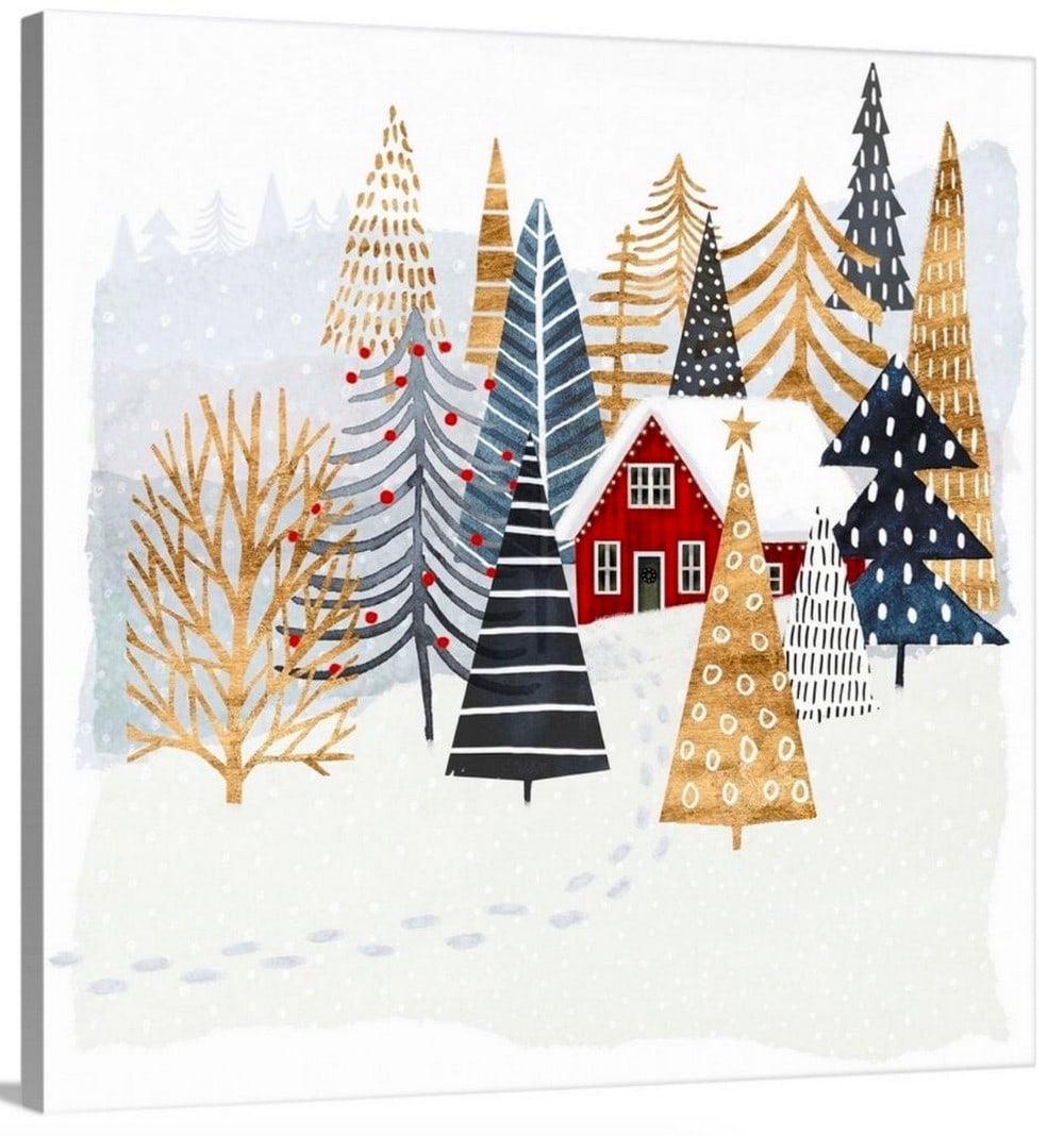 The Christmas Chalet on The Hill Canvas Reproduction: The Christmas Chalet on The Hill Canvas Reproduction Festively patterned trees in gold and shades of blue surround a red house and embellish a snowy landscape in this decorative holiday decor. Dimens