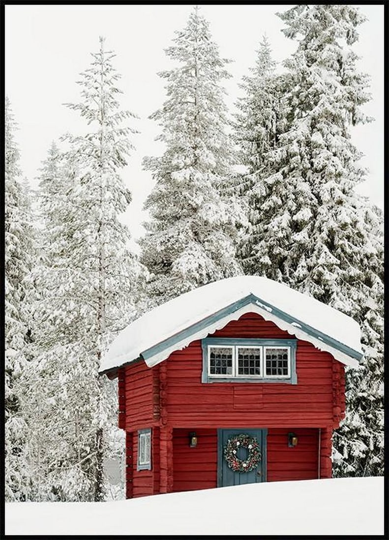 Snowy Holiday Red Cabin Wall Art Poster - 20" x 28": Snowy Holiday Red Cabin Wall Art Poster - 20" x 28" Embrace the serene beauty of the season with our "Snowy Holiday Red Cabin" Wall Art Poster, a captivating piece measuring 28" x