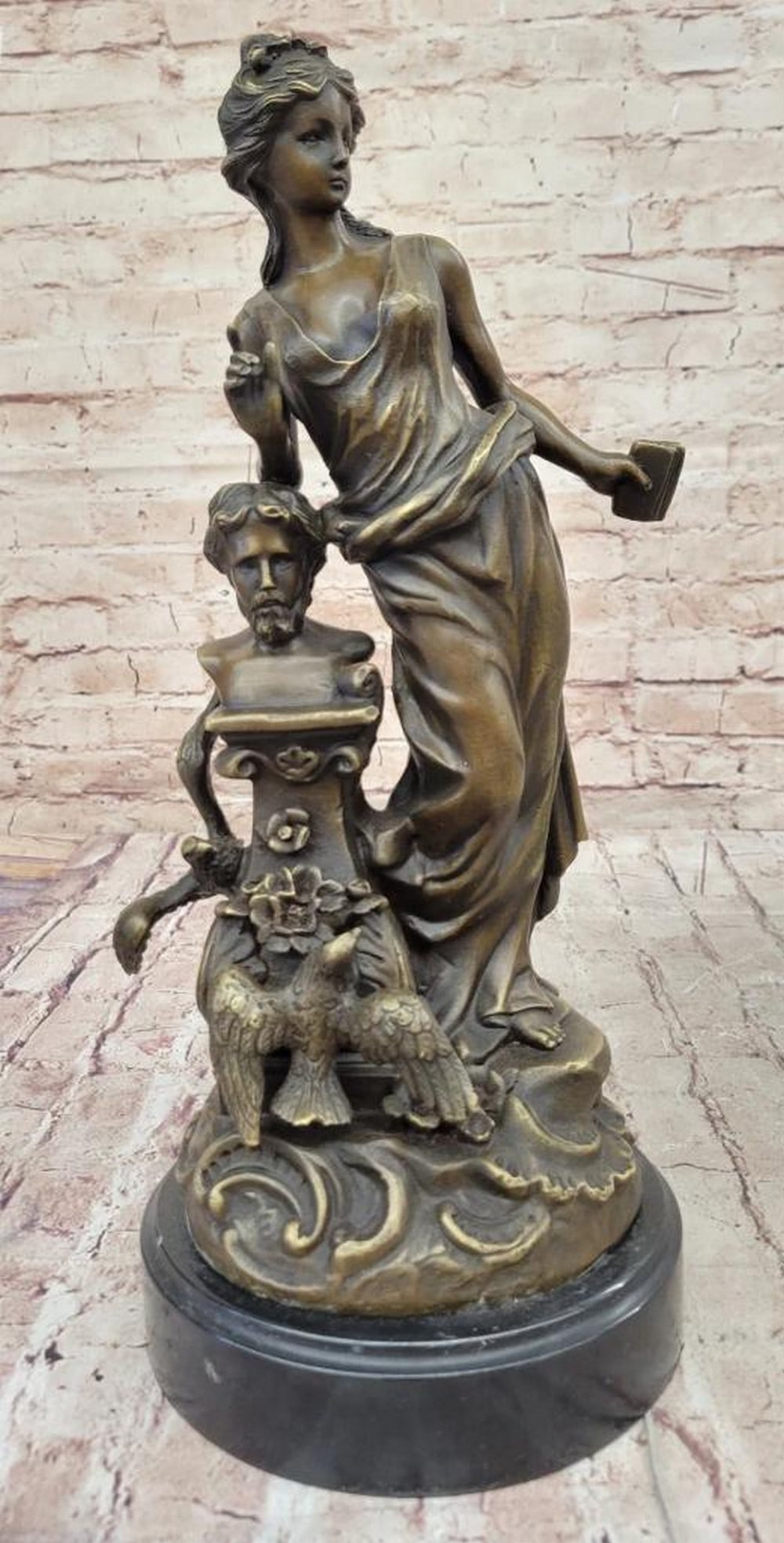 Inspired Bronze Sculpture of Aphrodite with Bust of Philosopher by Moreau: Inspired Bronze Sculpture of Aphrodite with Bust of Philosopher by Moreau This exquisite bronze sculpture beautifully depicts Aphrodite, the Greek and Roman goddess of wisdom, love, and beauty, alongs