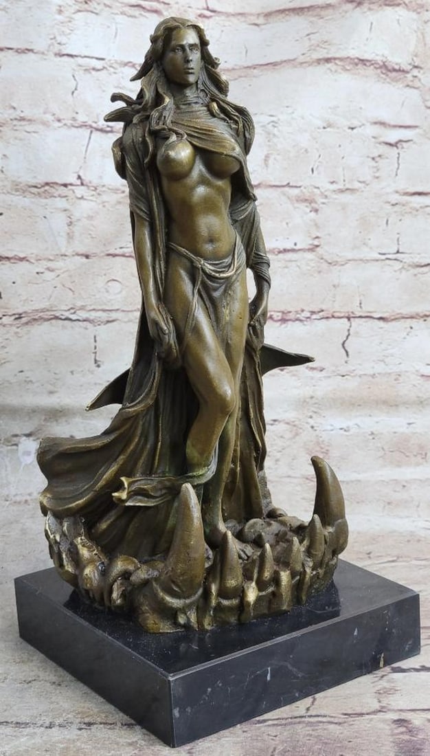 Signed Original Nude Amazonian Warrior Bronze Sculpture - 12" x 5": Signed Original Nude Amazonian Warrior Bronze Sculpture - 12" x 5" A sexy sorceress sways her curvaceous frame as she wax through a dark cave. She wears a cape the wraps around to barely cove