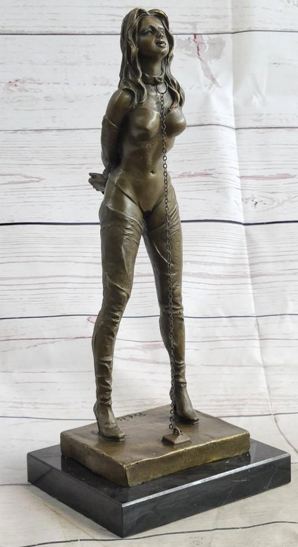 Bondage Nude Inspired Bronze Sculpture with Choker by Preiss - 13" x 5.5": Bondage Nude Inspired Bronze Sculpture with Choker by Preiss - 13" x 5.5" This captivating bronze sculpture, signed by artist Preiss, boldly explores sensuality and eroticism. Depicting a nake