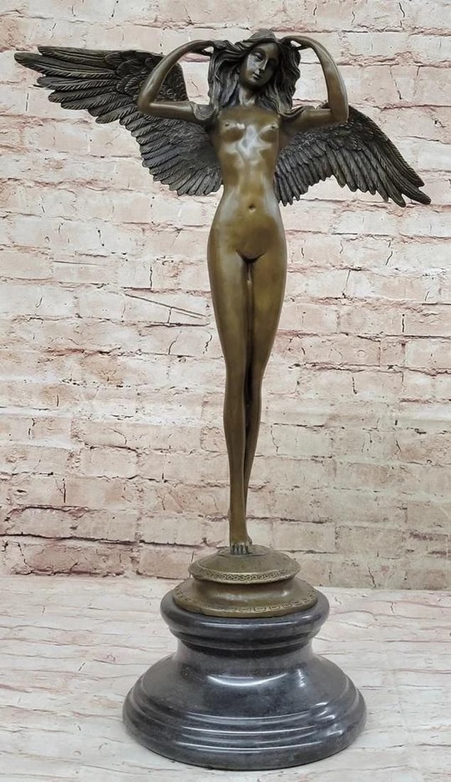 Adolph Weinman's 'Descending Night' Bronze Nude Art Angel Sculpture on Marble Base - 21" x 16": Adolph Weinman's 'Descending Night' Bronze Nude Art Angel Sculpture on Marble Base - 21" x 16" Adolph Weinman's 'Descending Night' bronze nude art angel sculpture, poi
