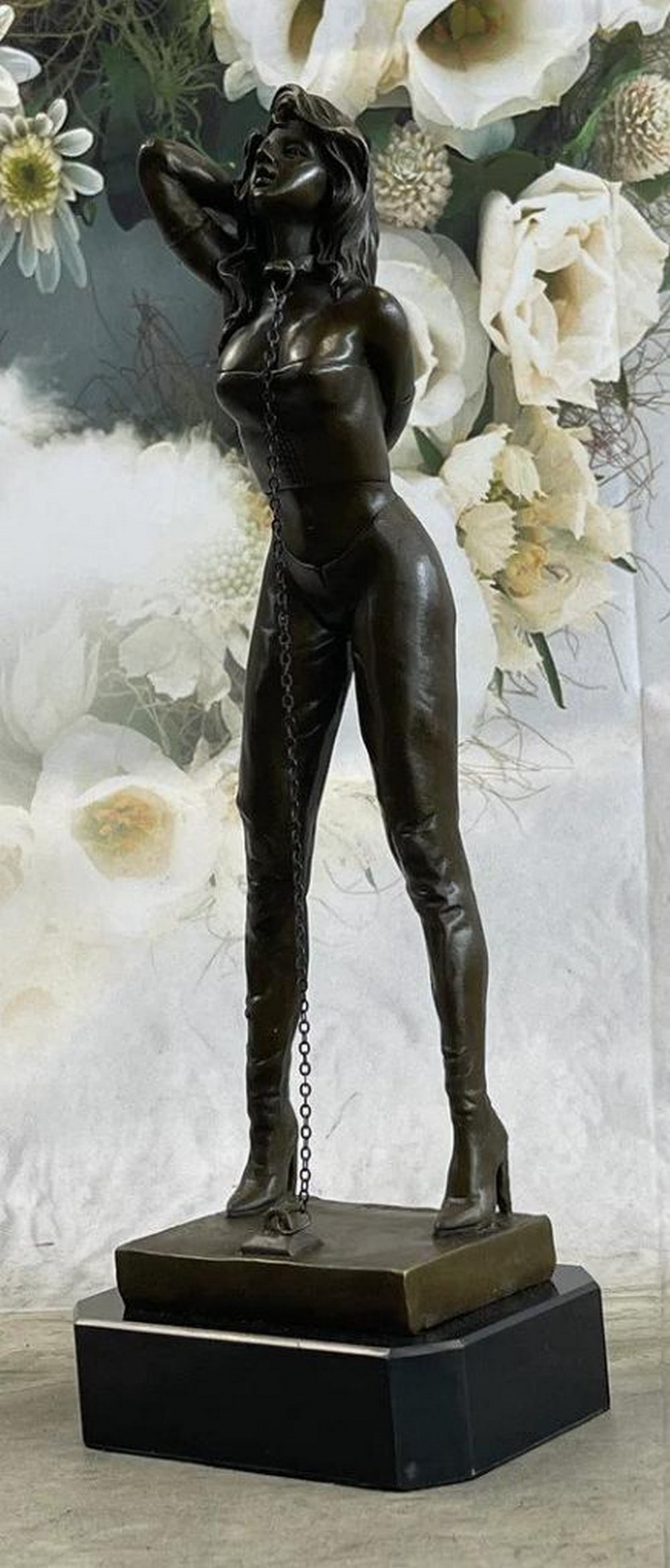 Sensual Subjugation Original Erotic Bronze Sculpture of a Bound Girl with Chain Choker - 13.5" x 5": Sensual Subjugation Original Erotic Bronze Sculpture of a Bound Girl with Chain Choker - 13.5" x 5" Introducing a captivating and distinctive sculpture that embodies elements of eroticism and