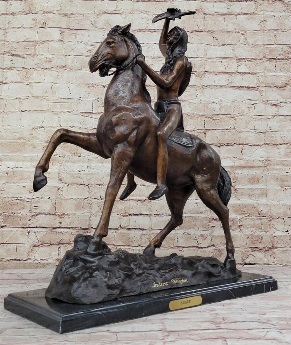 Native American on Horseback Holding Scalping Knife Inspired Bronze Statue - 26" x 22" (1 of 6)
